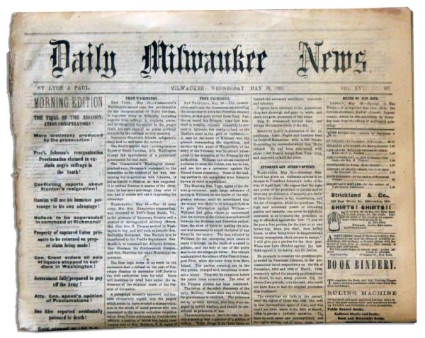 1865 Lincoln Assassination Trial Newspaper -- Firsthand Testimony -- 12.25'' x 19.75'' -- Good