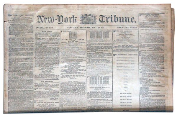 1861 New York Tribune Brimming With First Battle of Bull Run Coverage -- Of-the-Era Reporting on Manassas, VA Battle