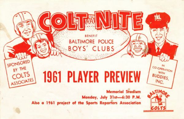 1961 Baltimore Colts ''Colt Nite'' Player Preview -- 31 July 1961, Memorial Stadium -- Light Soiling and Toning -- Very Good