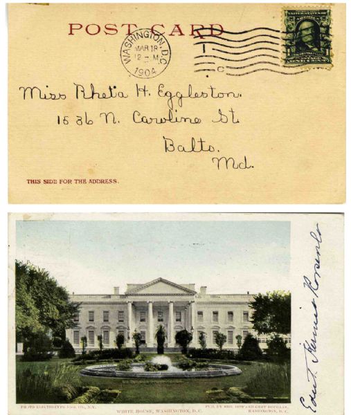 First Lady Edith Kermit Roosevelt Signed White House Postcard -- 1904