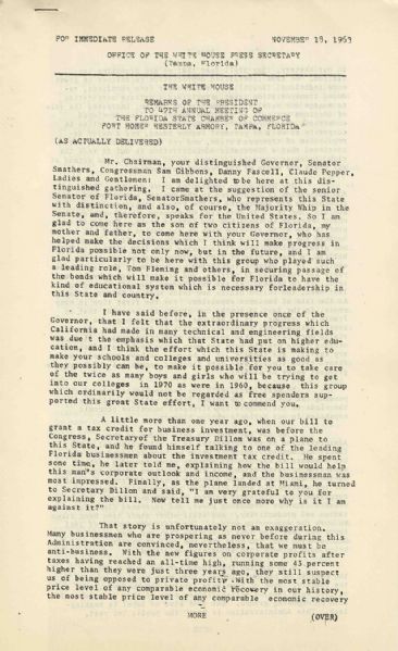 Original JFK Speech From Press Secretary's Office -- Dated 18 November 1963 -- 9pp. 8.5'' x 14'' -- Fine