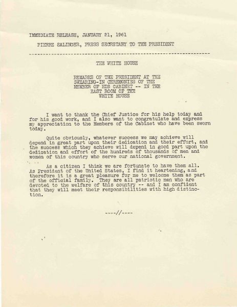 Original JFK Inaugural Press Release -- on the Swearing In of His Cabinet -- 1pp. 8.5'' x 11'' -- Near FIne