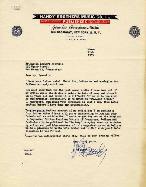W.C. Handy Typed Letter Signed From 1955 -- on Handy Brothers Music Co., Inc. Stationery -- With JSA COA