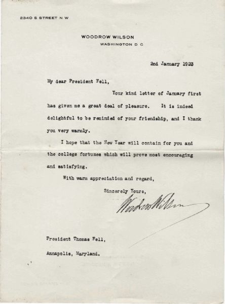Woodrow Wilson Typed Letter Signed to the President of St. Johns College