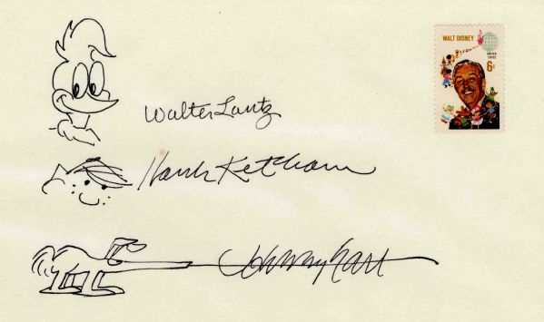 Three Iconic Cartoonist Signed Sketches on 8'' x 5'' Cardstock -- Walter Lantz, Hank Ketcham and Johnny Hart -- Near Fine