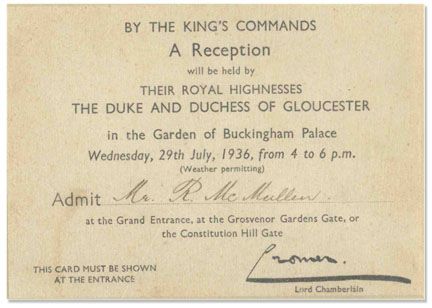Buckingham Palace 1936 Garden Party Invitation -- Signed by Lord Chamberlain Under King Edward VIII's Short Reign