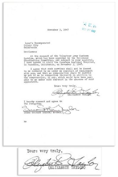 Elizabeth Taylor 1947 Contract Signed
