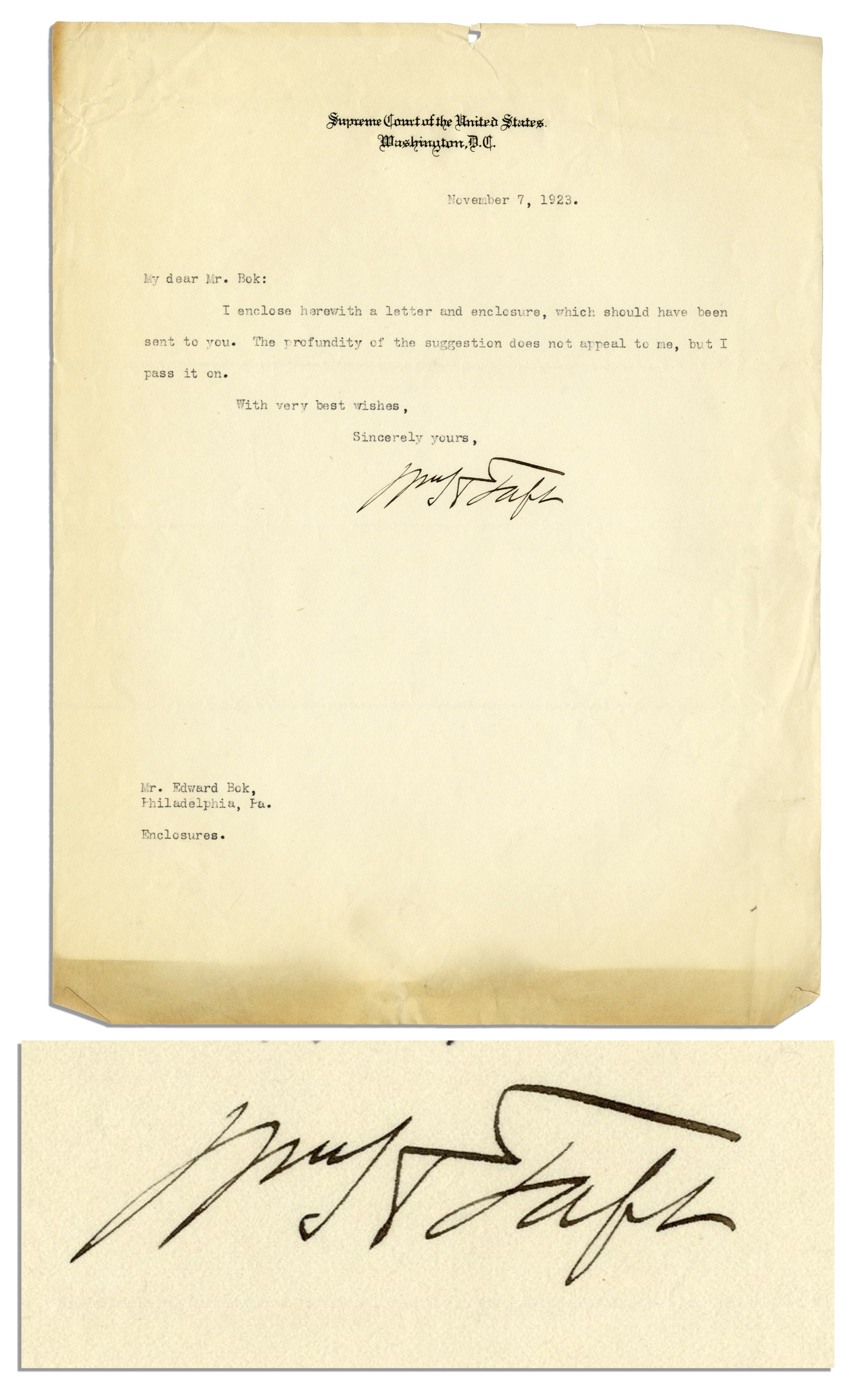 Lot Detail William Taft Typed Letter Signed As Chief Justice The Profundity Of The 