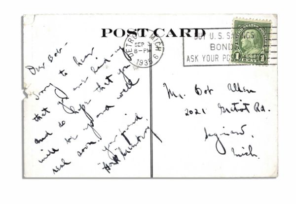 Hank Greenberg Signed Postcard Written to Bob Allen -- Measures 3.5'' x 5.25'', Some Toning and Small Chip Out of Top -- Good