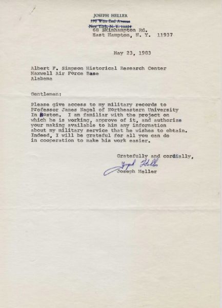Joseph Heller Typed Letter Signed -- ''...[make] available to him any information about my military service that he wishes to obtain...''