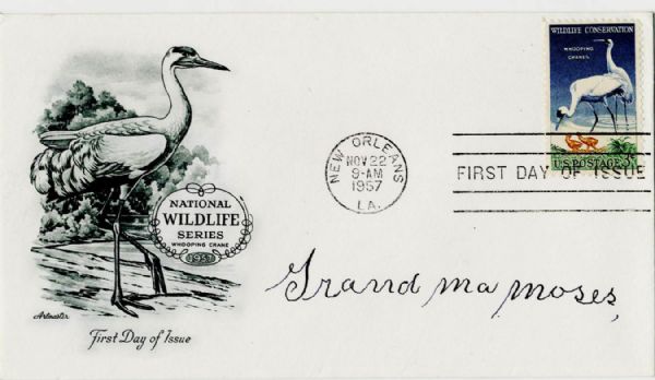 Grandma Moses First Day Cover Signed, Honoring America's Wildlife -- Postmarked 22 November 1957 -- 6.5'' x 3.5'', Fine 
