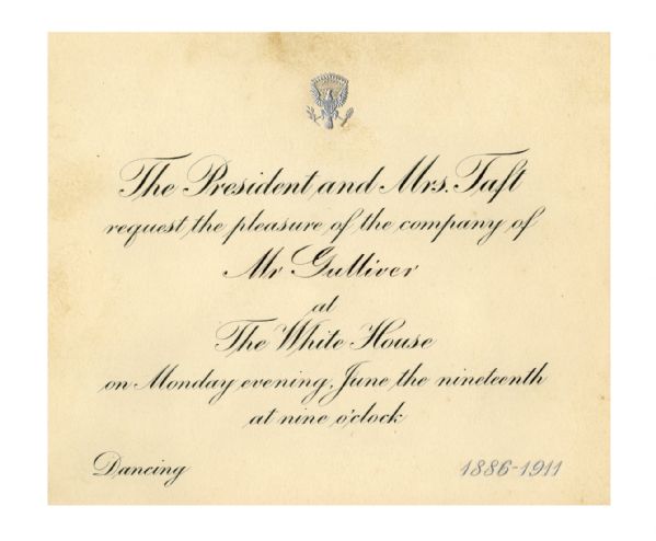 President Taft Invitation to 1911 Taft Wedding Anniversary Party at White House -- Social Highlight of Taft Administration