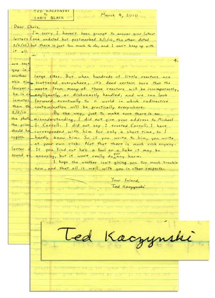 Unabomber Ted Kaczynski Autograph Letter Signed From Prison -- He Complains About Inconsistencies of Prison Rules and Worries About Nuclear Waste