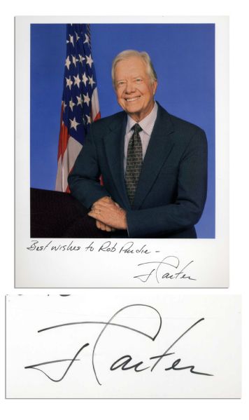 Jimmy Carter Signed 8'' x 10'' Photo -- ''Best wishes to Rob Purdie - [signed] J Carter'' -- Laser Printed Card-Stock Photo -- Near Fine