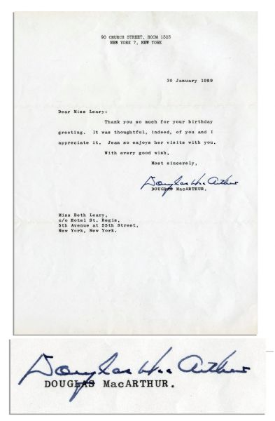 1959 General Douglas MacArthur Typed Letter Signed