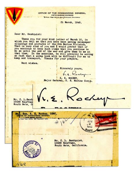 Iwo Jima General Keller E. Rockey Typed Letter Signed -- March 1945, Just Days After the Battle! -- ''...we will probably be moving so fast...''