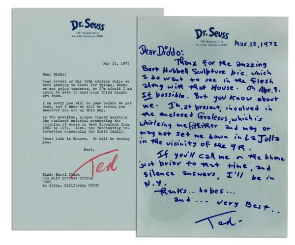 Dr. Seuss Handwritten Letter Signed & Typed Letter Signed -- ''...I'm at present, involved in the enclosed Grolexus, which is whirlzing me fithither...''