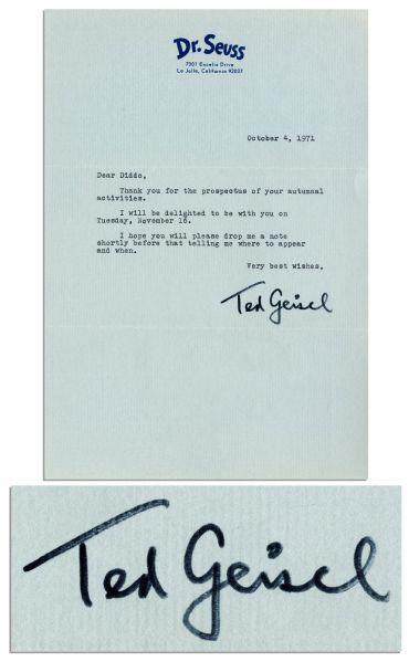 Dr. Seuss Letter Signed -- ''...Thank you for the prospectus of your autumnal activities...'' -- 1986