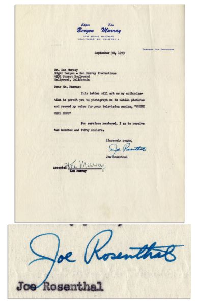 Joe Rosenthal Document Signed From 1953 -- Also Signed by Comedian Ken Murray -- ''...For services rendered, I am to receive two hundred and fifty dollars...'' -- 8.5'' x 11'', Near Fine