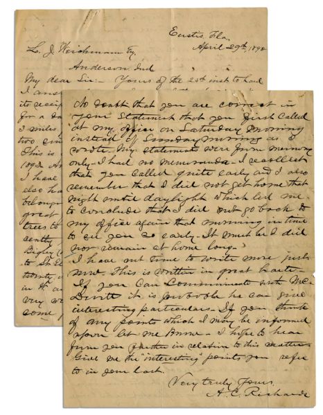 Compelling Eyewitness Letter to President Abraham Lincoln's Assassination Uncovering the Conspiracy -- ''...The man that jumped from the theater box, in which the President was witnessing the play,...