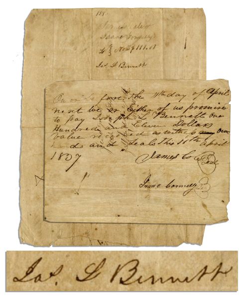 Republic of Texas Loan Note Signed by Joseph L. Bennett, the Well Known Texas Lt. Colonel -- 1837