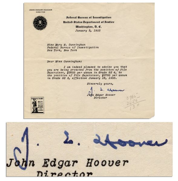 J. Edgar Hoover 1955 Typed Letter Signed -- ''...I am indeed pleased to advise you that you are being promoted...''