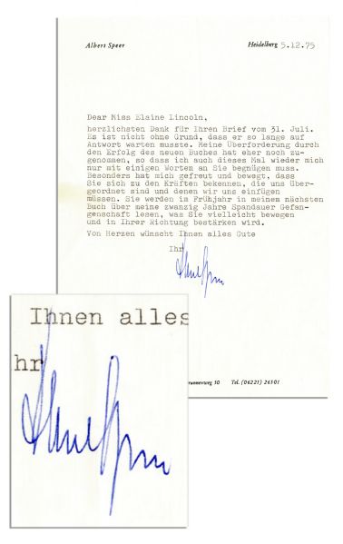 Albert Speer Typed Letter Signed -- ''...My mental overload through the success of my new book has increased...''