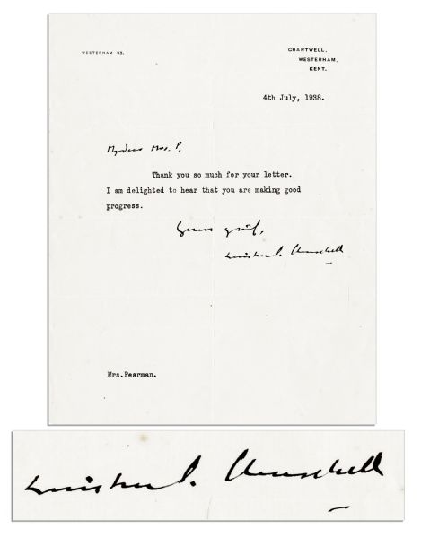 Winston Churchill Letter -- ''...I am delighted to hear you are making good progress...'' -- 1938