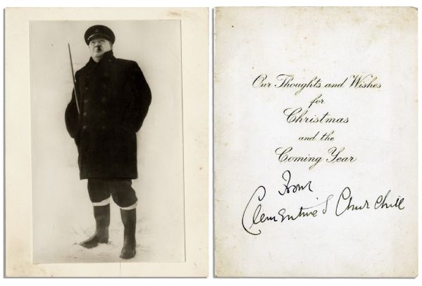 Clementine Churchill Christmas Card Signed ''From Clementine S. Churchill'' -- Inner Panel Features Amusing Photo of Winston Churchill -- 4.75'' x 6'' -- Very Good