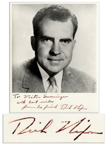 Richard Nixon Signed 8'' x 10'' Matte Photo -- To Nuremberg Judge -- ''To Victor Swearingen / with best wishes from his friend / Dick Nixon'' -- Very Good to Near Fine