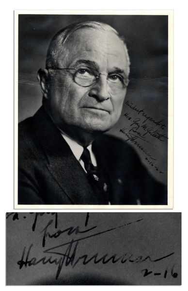 Harry S. Truman Signed 8'' x 10'' Matte Photo -- ''Kindest regards to Hon. Guy M. Gillette from Harry Truman / 2-16-62'' -- Light Creasing & Buckling, Else Very Good