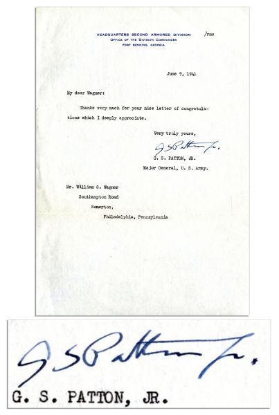 George S. Patton, Jr. WWII-Dated Letter Signed -- ''...Thanks very much for your nice letter of congratulations which I deeply appreciate...'' -- 1941