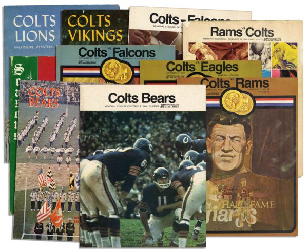 Collection of 10 Vintage Baltimore Colts Programs -- With 2 Glossy Photos of the 1963 Colts-Bears Game