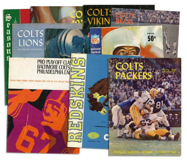 Collection of 10 Vintage Baltimore Colts Programs -- Includes a 1963 Program With Photos of JFK Tribute 