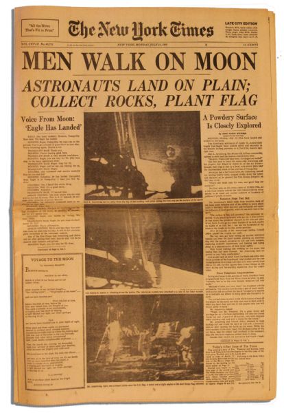 ''MEN WALK ON MOON'' -- 21 July 1969 Edition of The New York Times Newspaper