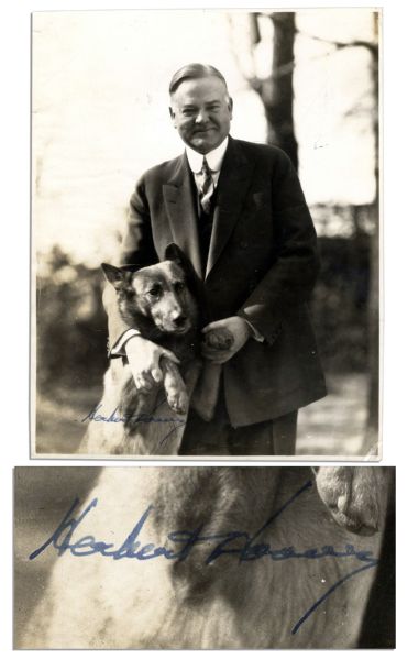 Herbert Hoover Signed 8'' x 10'' Photo -- Posing With His Dog King Tut