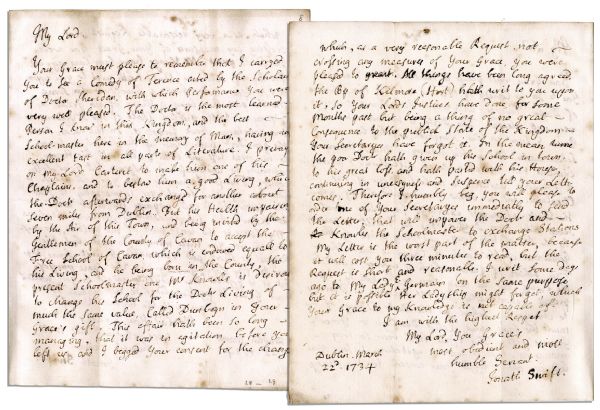 Scarce Jonathan Swift Autograph Letter Signed -- ''...the poor Doctor hath given up his school in town to his great loss...continuing in uneasyness and suspense till your Letter comes...''