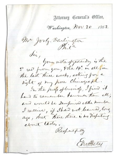 Lincoln's Attorney General Edward Bates 1862 Autograph Letter Signed -- Responding to an Autograph Request -- ...I find it hard to remember to answer them all...''