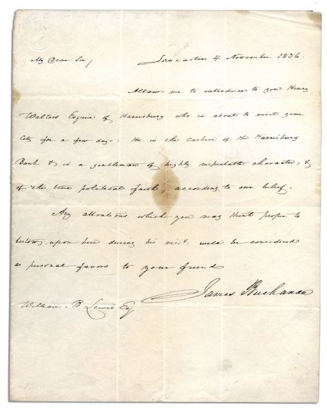 James Buchanan Autograph Letter Signed Referring to His Party Affiliations -- ''...He is...a gentleman of highly respectable character, & of the true political faith, according to our belief...''