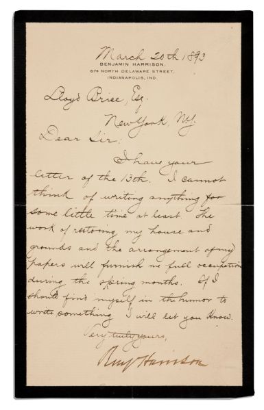 Benjamin Harrison 1893 Letter Signed -- Written Just Two Weeks After Completion of His Presidency