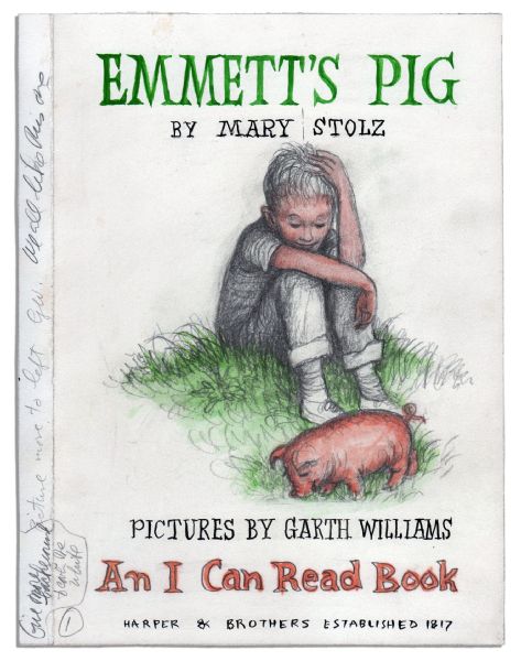 Garth Williams Drawing For The Cover of ''Emmett's Pig'' -- With an Initialed Note in His Hand Regarding Changes For The Next Draft