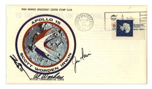 Apollo 15 Crew Signed Rare NASA Issue Astronaut Insurance Cover -- ''Al Worden'', ''Dave Scott'' & ''Jim Irwin'' -- Cancelled 26 July 1971 -- 6.5'' x 3.75'' -- Near Fine -- With COA From Worden