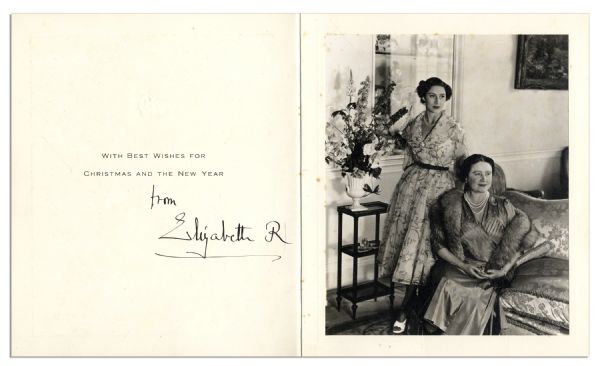 Queen Mother Signed Christmas Card & Initialed Envelope -- With Gorgeous Photo of The Queen Mother & Her Daughter, Queen Elizabeth