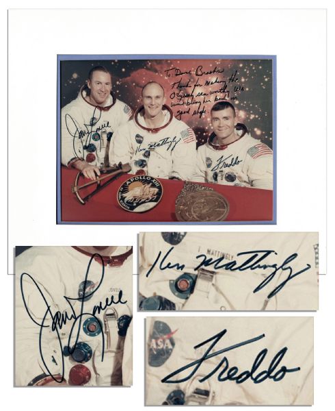 Apollo 13 Astronauts Signed 10'' x 8'' Group Photo With Inscription to NASA Employee -- ''...We will bring [The Odyssey] back in good shape...''