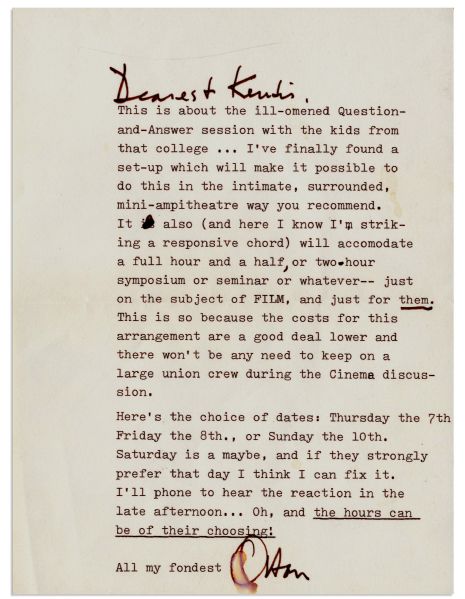 Orson Welles Typed Letter Signed to Film Columnist Kendis Rochlen -- ''...This is about the ill-omened Question-and-Answer session with the kids from that college...''