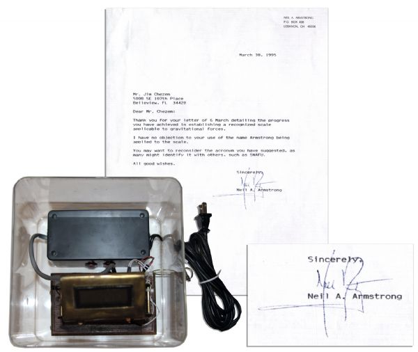 Neil Armstrong Typed Letter Signed -- ''...I have no objection to your use of the name Armstrong being applied to the scale...''