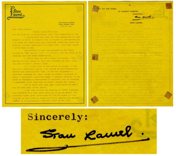 Stan Laurel 1960 Typed Letter Signed -- ''...I was born in a theatrical family & was raised in the business, the theatre was practically my home...'' -- With PSA/DNA COA