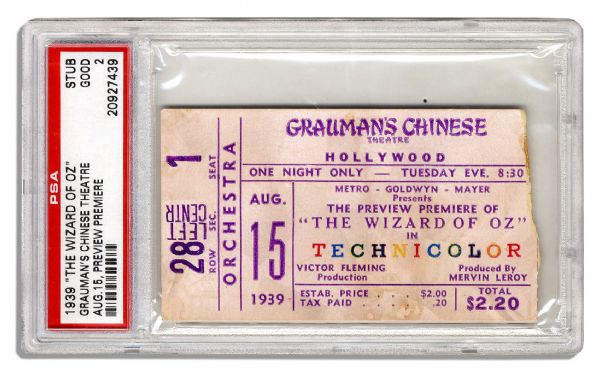 Ticket From ''The Wizard Of Oz'' Hollywood Premiere at Grauman's Chinese Theatre on 15 August 1939 -- With PSA/DNA COA
