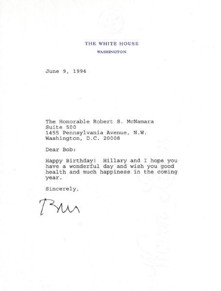 Bill Clinton 1994 Typed Letter Signed as President to Robert McNamara