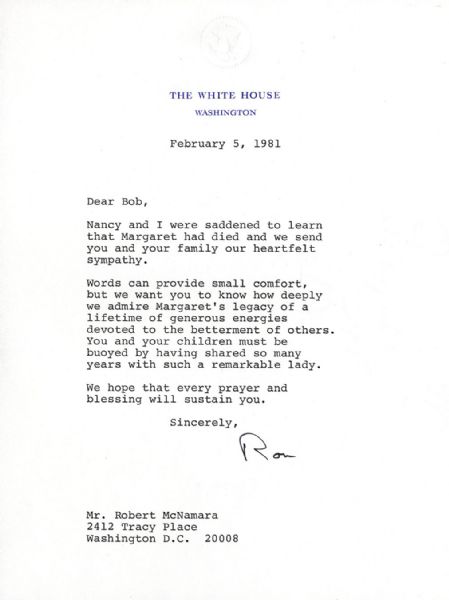 Ronald Reagan Typed Letter Signed as President to Robert McNamara -- Expressing Sympathy For The Loss of McNamara's Wife -- ''Nancy and I were saddened...''